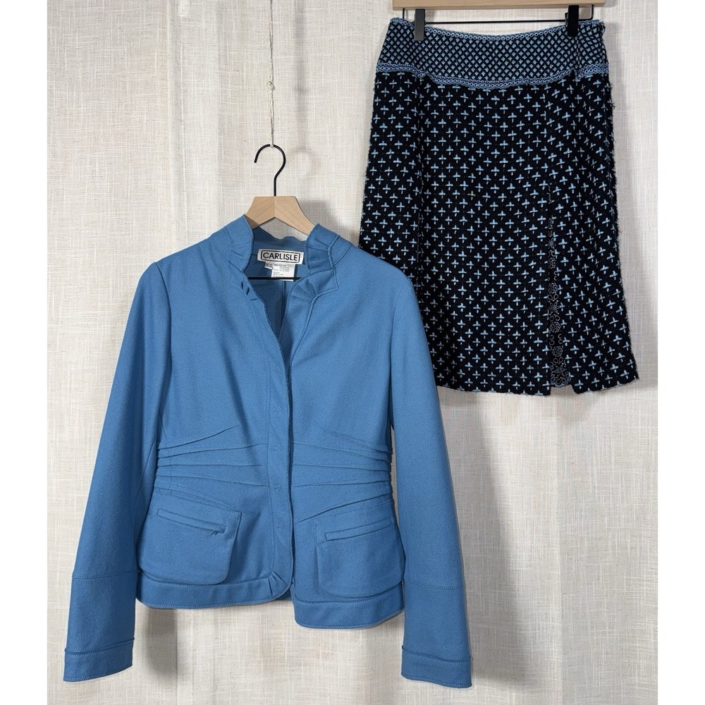 Vintage Carlisle Suit Set Sz 4 6 Blue Wool Blend Tweed Blazer Jacket Skirt